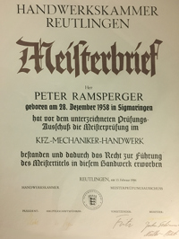 Meisterbrief von Peter Ramsperger